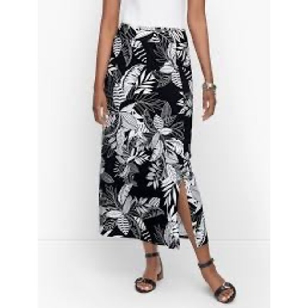 Talbots Black White Tropical Leaf Print Maxi Skirt‎ Side Slit Size XS
